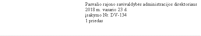 	Pasvalio rajono savivaldybės administracijos direktoriaus  2018 m. vasario 23 d. 
įsakymo Nr. DV-134
1 priedas


