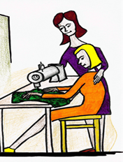 Moteris siuva su siuvimo mašina, o jai pataria kita moteris