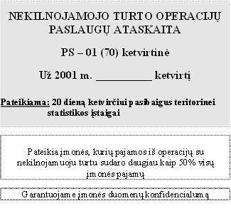 NEKILNOJAMOJO TURTO OPERACIJŲ PASLAUGŲ ATASKAITA

PS – 01 (70) ketvirtinė

Už 2001 m. __________ ketvirtį


Pateikiama: 20 dieną ketvirčiui pasibaigus teritorinei statistikos įstaigai



Pateikia įmonės, kurių pajamos iš operacijų su nekilnojamuoju turtu sudaro daugiau kaip 50% visų įmonės pajamų

Garantuojame įmonės duomenų konfidencialumą

