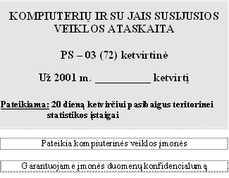 KOMPIUTERIŲ IR SU JAIS SUSIJUSIOS VEIKLOS ATASKAITA

PS – 03 (72) ketvirtinė

Už 2001 m. __________ ketvirtį


Pateikiama: 20 dieną ketvirčiui pasibaigus teritorinei statistikos įstaigai


Pateikia kompiuterinės veiklos įmonės 

Garantuojame įmonės duomenų konfidencialumą

