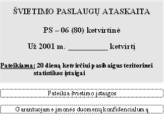 ŠVIETIMO PASLAUGŲ ATASKAITA

PS – 06 (80) ketvirtinė

Už 2001 m. __________ ketvirtį


Pateikiama: 20 dieną ketvirčiui pasibaigus teritorinei statistikos įstaigai


Pateikia švietimo įstaigos 

Garantuojame įmonės duomenų konfidencialumą

