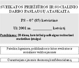 SVEIKATOS PRIEŽIŪROS IR SOCIALINIO DARBO PASLAUGŲ ATASKAITA

PS – 07 (85) ketvirtinė

Už 2001 m. __________ ketvirtį

Pateikiama: 20 dieną ketvirčiui pasibaigus teritorinei statistikos įstaigai


Pateikia ligoninės, poliklinikos ir kitos sveikatos ir socialinės veiklos įmonės

Garantuojame įmonės duomenų konfidencialumą

