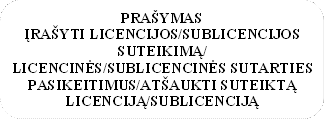 PRAŠYMAS
ĮRAŠYTI LICENCIJOS/SUBLICENCIJOS SUTEIKIMĄ/
LICENCINĖS/SUBLICENCINĖS SUTARTIES PASIKEITIMUS/ATŠAUKTI SUTEIKTĄ LICENCIJĄ/SUBLICENCIJĄ
