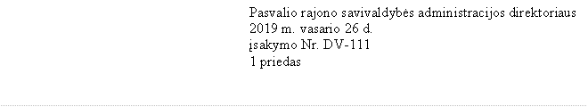 	Pasvalio rajono savivaldybės administracijos direktoriaus  2019 m. vasario 26 d. 
įsakymo Nr. DV-111
1 priedas


